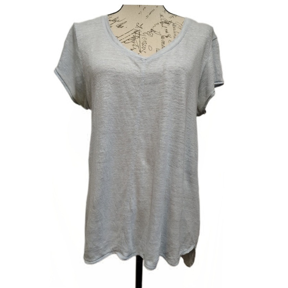 Tahari Womens Slub 100% Linen Knit T-Shirt L Light Blue Oversized Quiet Luxury